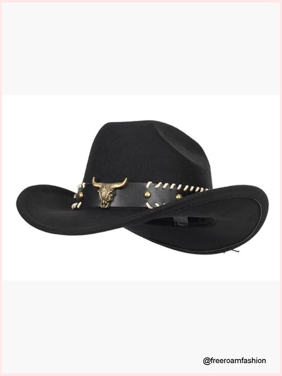 Wide Brim Western Cowboy Hat Fedora with Bull Head Band Decoration Unisex